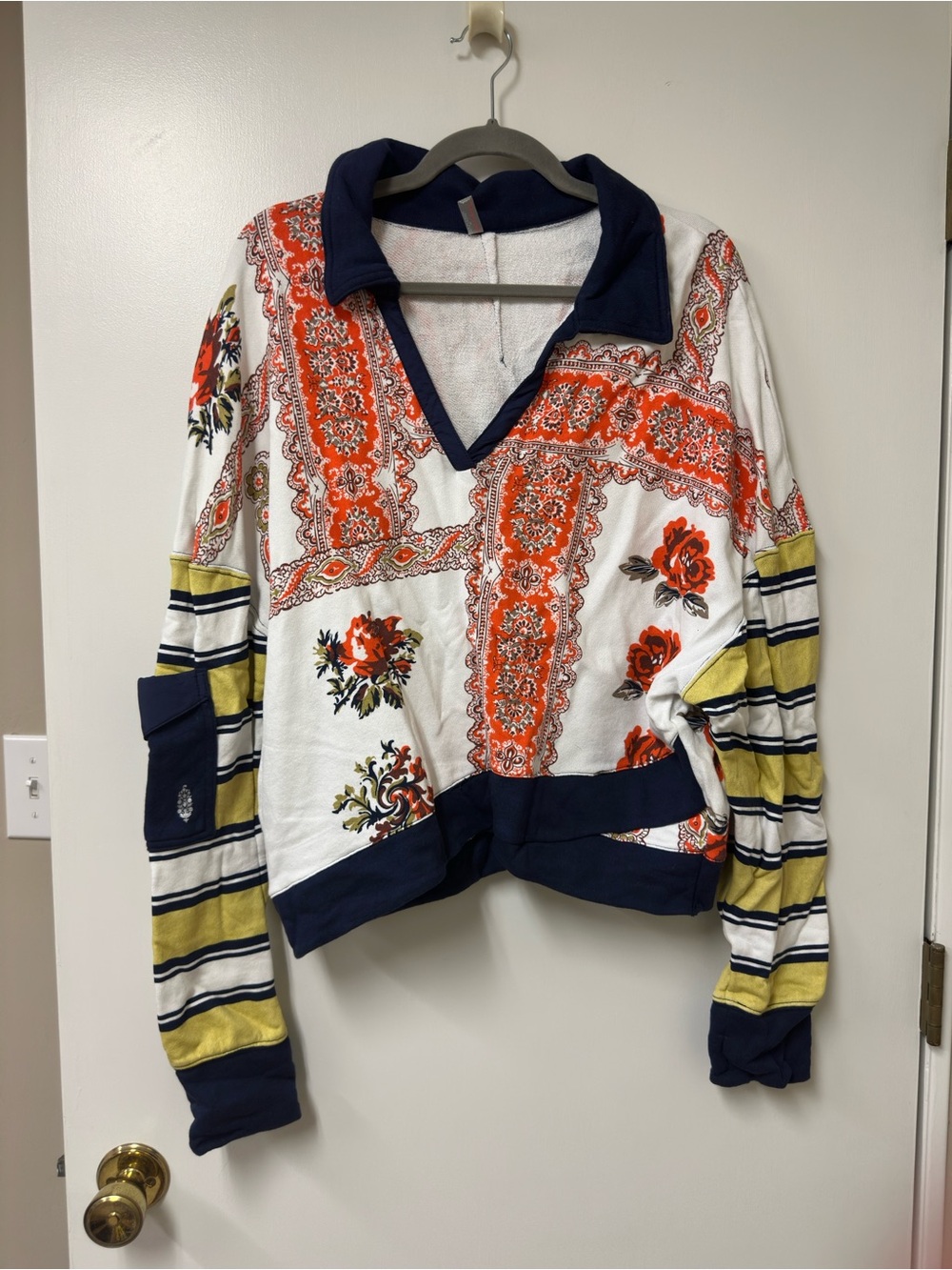Free People White Pullover with Orange Floral & Navy Trim